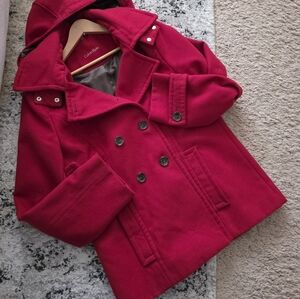 Calvin Klein Double Breasted Peacoat Detachable Hood Womens 10 Preppy City Chic